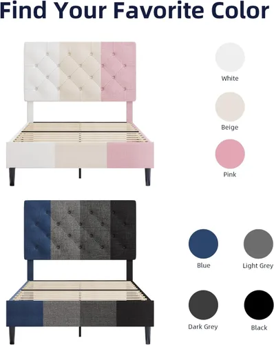 Miniatura 8 de BarnFurin Marcos de cama individual con cabecera capitoné con botones, cama de plataforma tapizada de lino con soporte de listones de madera, fácil