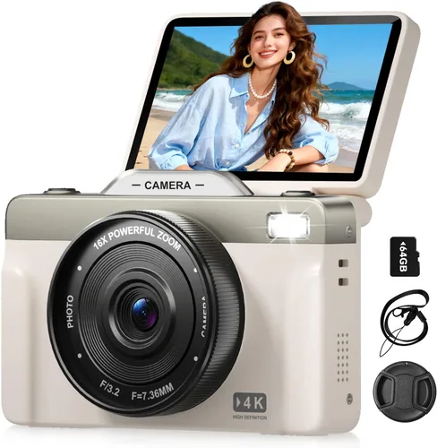 Cámara digital 4K para fotografía, cámara de video de enfoque automático de 64 MP para YouTube con pantalla abatible de 180 de 3 pulgadas, cámara