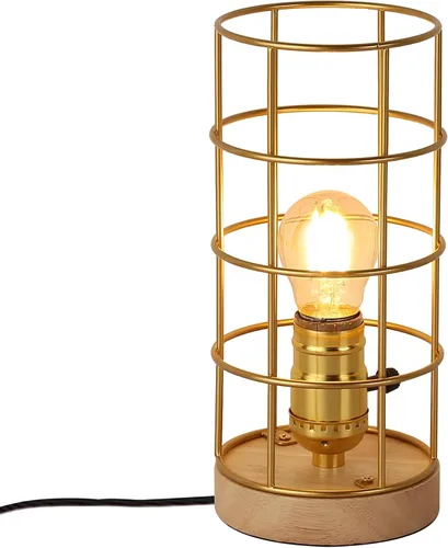 Miniatura 7 de Lámpara de mesa industrial dorada con jaula de metal, lámpara de escritorio rústica de latón con interruptor de cable enchufable, lámpara de mesa