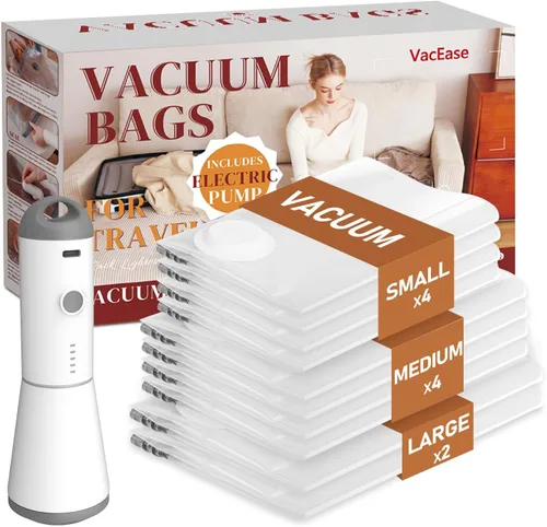 Miniatura 10 de Vacbird Bolsas de Vacío de Viaje con Bomba de Aire Inalámbrica Recargable, Paquete de 12 Bolsas de Almacenamiento al Vacío con Sellado para Ropa