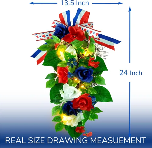Miniatura 4 de YULETIME Botín decorativo de lágrima de 24 pulgadas, funciona con pilas, guirnalda temática patriótica con luces de hadas, rosas rojas, blancas