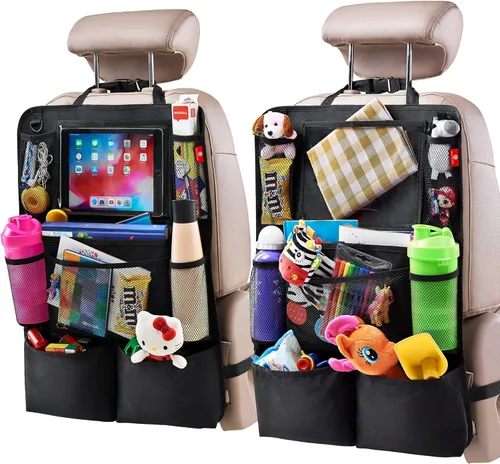 Helteko Organizador de asiento trasero de automóvil, protector de asiento trasero con soporte para tableta de pantalla táctil, organizador de