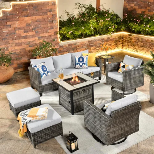 Miniatura 12 de ovios Juego de muebles de patio de 7 piezas con mesa cuadrada para hoguera, sillas mecedoras giratorias, juego de conversación de mimbre de respaldo