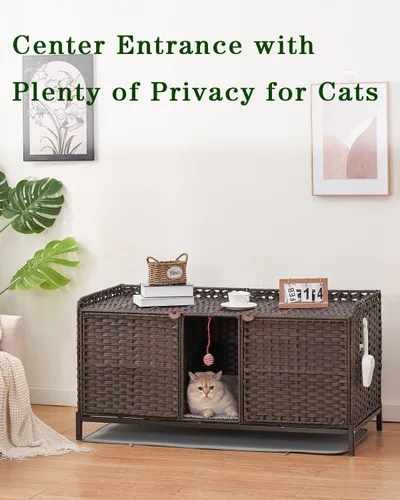 Miniatura 7 de SETVSON Caja de Arena para Gatos para 2 Gatos, Mueble Oculto de Caja de Arena con Alfombra, Casa Grande de Ratán para Gatos con Habitación Doble