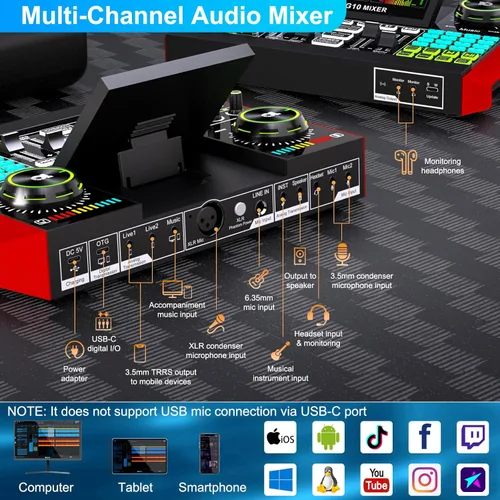 Miniatura 7 de Paquete de micrófono para podcast con mezclador de audio de tarjeta de sonido en vivo, paquete de equipo de podcast con micrófono de condensador