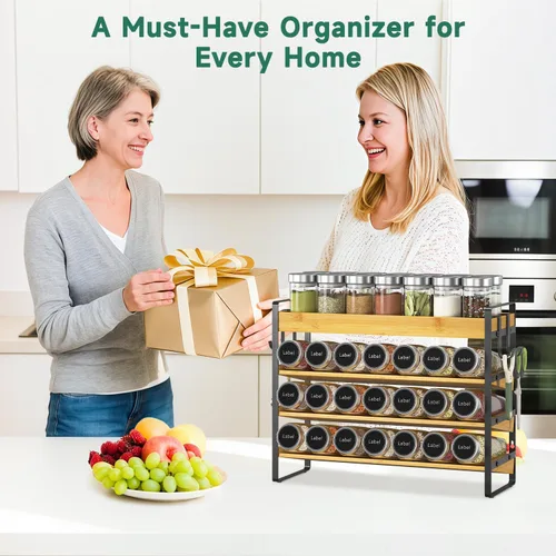 Miniatura 8 de EsLuker.ly Organizador de condimentos para especias para encimera de cocina, 4 niveles de bambú para especias con 4 ganchos, soporte independiente