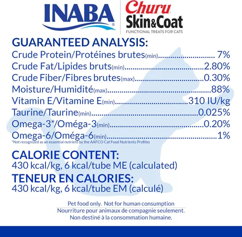 Miniatura 3 de INABA - Golosinas Churu puré natural para gatos para piel y pelaje con aceites Omega, taurina y vitamina E, 0.5 onzas en cada tubo, 50 tubos