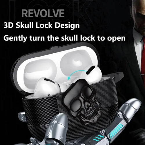 Miniatura 3 de Funda para AirPods Pro de 2ª generación, calavera con cerradura y llavero para hombres, divertida fibra de carbono de cuerpo completo, a prueba