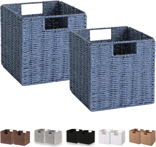 Miniatura 11 de VAGUSICC - Canastas de almacenamiento tejidas a mano, juego de 2, con asas, plegables, tipo cubo, de 13 pulgadas, grandes, de mimbre, para estantes
