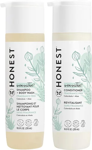The Honest Company Paquete sin fragancia para pieles sensibles | Champú limpiador 2 en 1 + gel de baño y acondicionador sin silicona | Derivado de