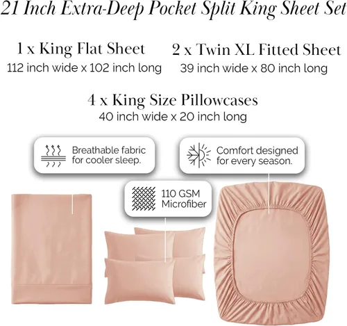 Miniatura 262 de Southshore Fine Living, Inc. Juego de 7 piezas de sábanas King divididas para cama ajustable, juego de sábanas King divididas con bolsillo de 21