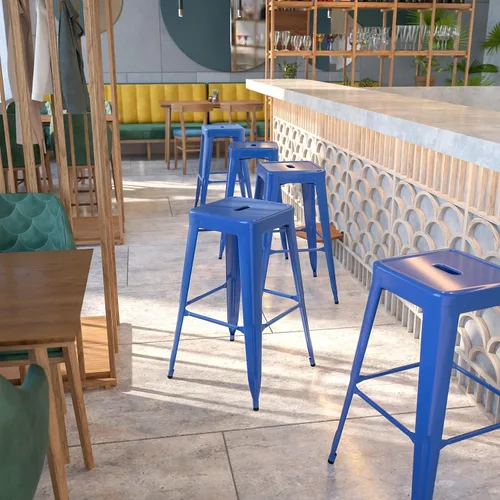 Miniatura 2 de Flash Furniture - Taburete de bar de grado comercial de 30 pulgadas de alto, sin respaldo, de metal azul para interior/exterior con asiento cuadrado