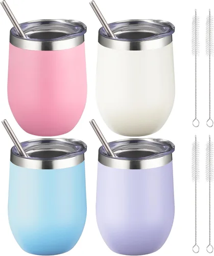 Miniatura 22 de Vaso de vino aislado de 12 onzas con tapa y pajita, vaso de vino de acero inoxidable sin tallo de doble pared, vaso de vino al vacío a granel