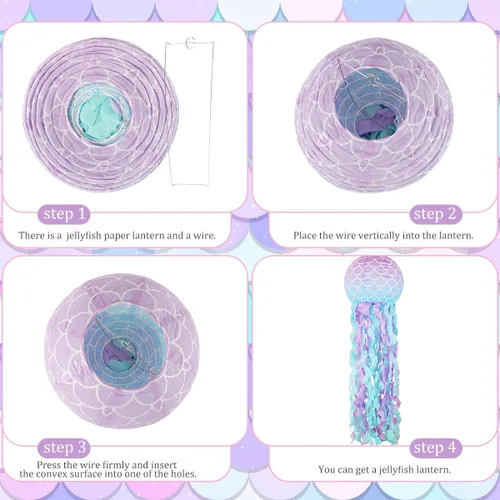 Miniatura 7 de Decoraciones de cumpleaños de sirena, linternas de papel de medusas rosadas lavanda azul, escamas de sirena colgantes en forma de linterna