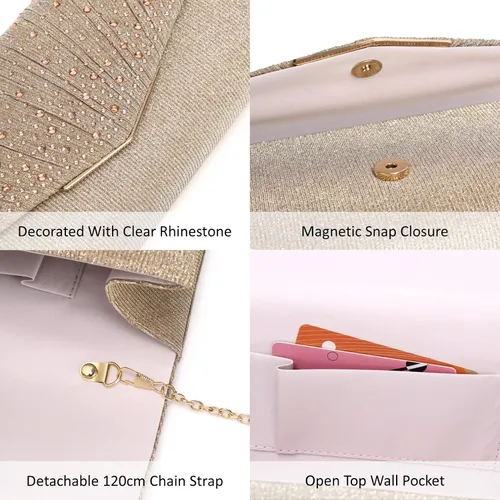 Miniatura 8 de Bolsos de noche para mujer con lentejuelas y purpurina para mujer bolso formal con sobre de diamantes de imitación para boda fiesta graduación