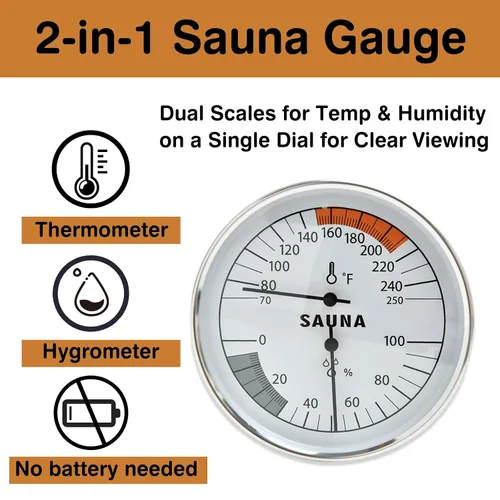 Miniatura 2 de Termómetro e higrómetro de sauna 2 en 1 (Fahrenheit) para salas de sauna, 70-250 y 0-100% HR, accesorios de sauna