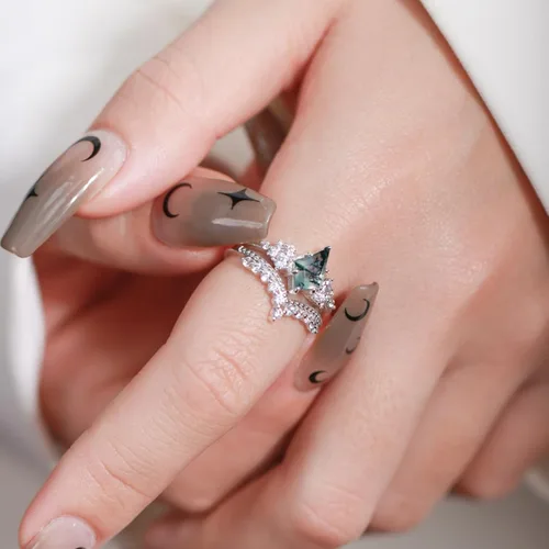 Miniatura 3 de ELMERA Anillo de compromiso para mujer, plata de ley 925, ágata musgo natural, anillo de promesa para ella, anillo de compromiso de ágata musgo