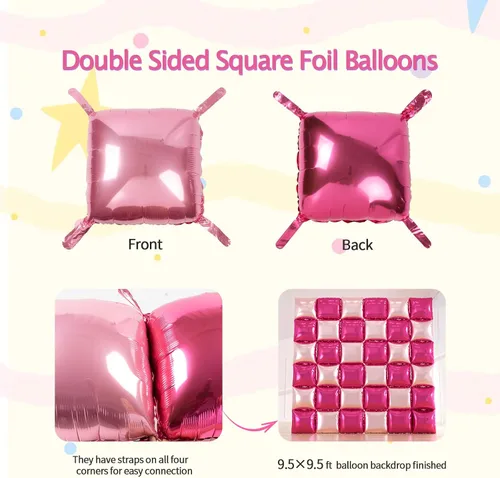 Miniatura 2 de 36 globos rosa intenso de papel aluminio cuadrados de doble cara para decoración de pared con kit de arco de 188 globos rosa y globos de mylar
