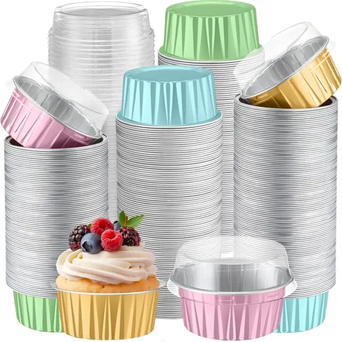 Miniatura 15 de Gejoy 400 Piezas Moldes de Papel de Aluminio para Hornear con Tapas 5 oz Moldes Desechables Ramekins Mini Moldes para Pasteles Crème Brûlée Moldes