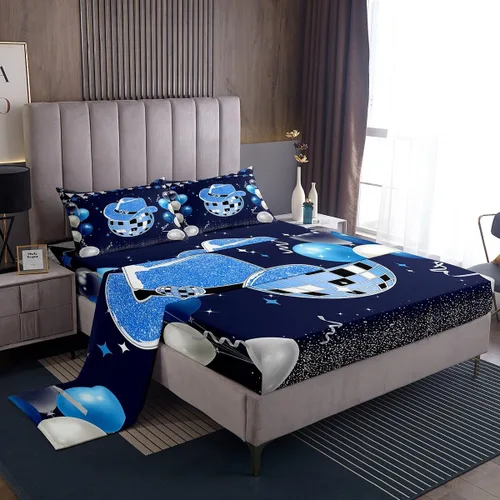 Erosebridal Blue Cowboys Disco Ball Bed Sheets Set Twin Size, Rustic Western Hat Sheet Set Trendy Disco Bed Set Retro Vintage 80S Disco Colorful