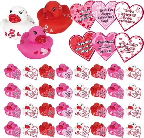 Aviski 30 unidades de regalos para el día de San Valentín para el aula, lindos patos de goma de San Valentín y tarjetas de regalo para niños y
