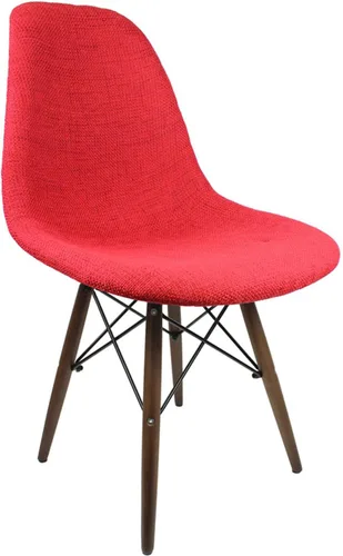 Miniatura 3 de Mid-Century - Silla de comedor lateral tapizada de tela tejida moderna con patas Eiffel de madera de nogal oscuro, juego de 2 (rojo)