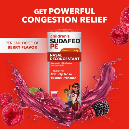 Miniatura 6 de Sudafed Descongestionante Nasal PE Para Niños, Medicina Líquida para el Alivio del Resfriado con Fenilefrina HCl, Sin Alcohol y Sin Azúcar, Sabor a