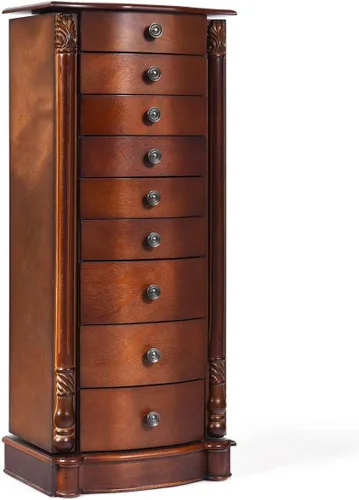 Giantex Armario de joyería grande con 8 cajones y 2 puertas oscilantes 16 ganchos cajas de espejo superior soporte de pecho de almacenamiento