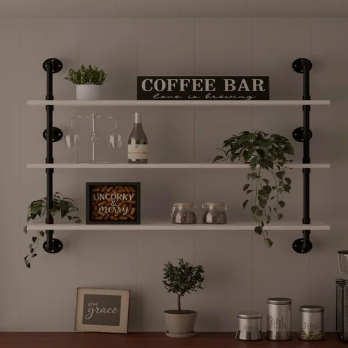 HDDFER - Estantería industrial para tuberías rústicas en blanco, estantes de pared de tubería industrial con tablas de madera, estantes flotantes de