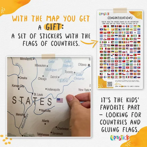 Miniatura 3 de Papel tapiz de mapa del mundo para niños con animales, calcomanías educativas para despegar y pegar, murales de guardería para bebés, niños
