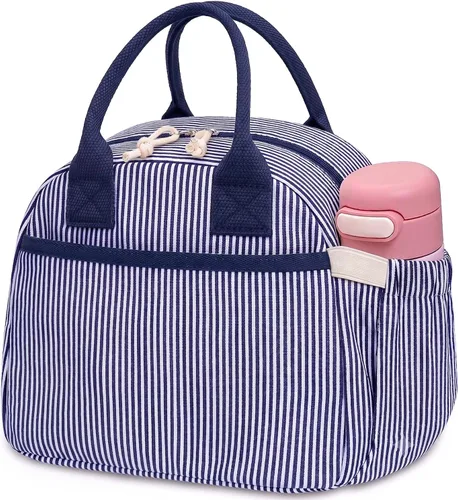Miniatura 10 de Carry bloom Lonchera para mujer, lonchera aislada, bonita lonchera de pana reutilizable para el trabajo (1 rayas blancas y negras)