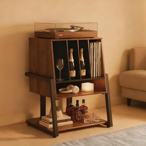 Miniatura 9 de FITUEYES Armario de bar de diseño con soporte giratorio, gabinete de barra de registro vintage, almacenamiento de vinilo y exhibición de vino, grano