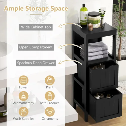 Miniatura 9 de Tangkula Armario de almacenamiento de baño pequeño con 2 cajones extraíbles, armario de piso independiente de madera para baño, dispositivo Negro