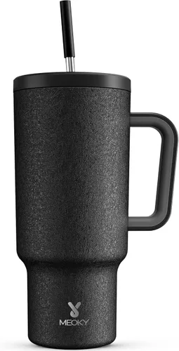 Miniatura 63 de Meoky - Vaso de 30 oz con asa, tapa y pajilla, taza de viaje térmica de acero inoxidable 100% a prueba de fugas, para portavasos, mantiene el frío