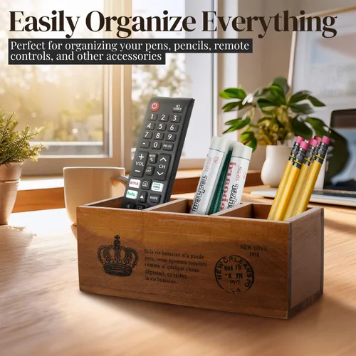 Miniatura 2 de Flexzion Portalápices de madera rústica para oficina, 3 compartimentos, organizador de almacenamiento de escritorio y mesa, soporte multifuncional