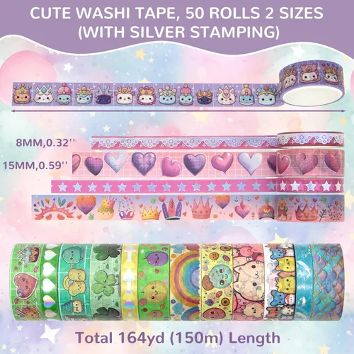 Miniatura 2 de WAPETASHI Juego de 50 rollos de cinta washi, cinta Washi plateada para álbumes de recortes, diario de viñetas, planificador, regalo, cinta