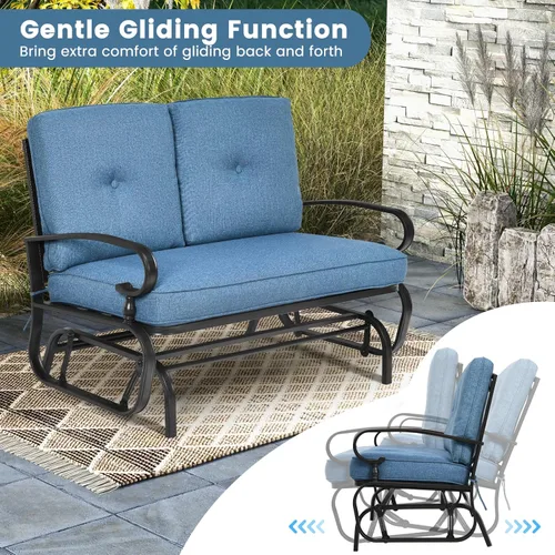 Miniatura 7 de Tangkula Silla mecedora para exteriores, banco planeador de patio para 2 personas, sofá biplaza mecedora para exteriores con marco de acero y Azul