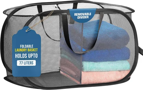 Miniatura 12 de Handy Laundry Cesta plegable de malla con 2 compartimentos, plegable, ahorra espacio, ligera y duradera, con asas para dormitorio, viajes
