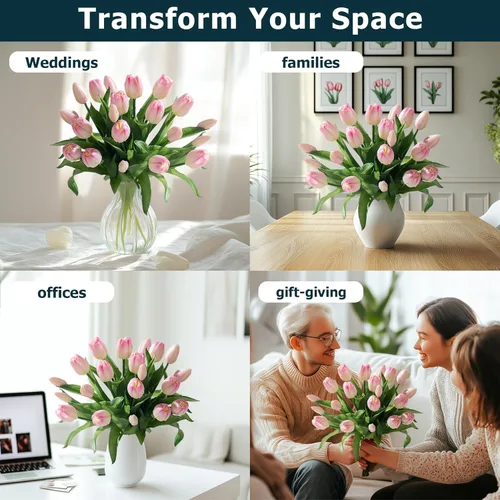 Miniatura 4 de Bailikang 20 piezas de tulipanes artificiales, flores de seda de tulipanes falsos, ramo artificial de PU, flores artificiales de imitación con caja