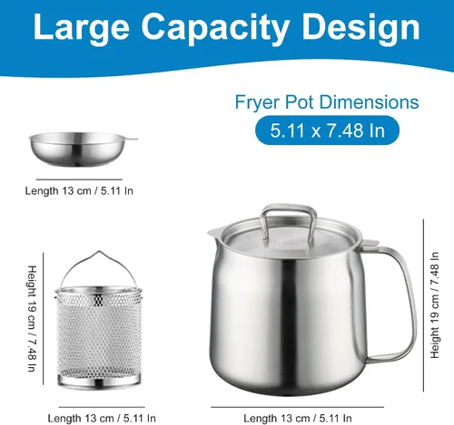 Miniatura 3 de Olla de filtro de aceite de acero inoxidable de 68 onzas con cesta para freidora y colador de aceite, freidora de grado alimenticio 304, recipiente