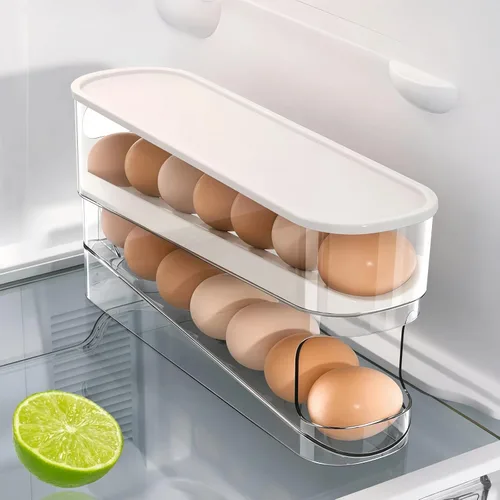 Soporte para huevos para refrigerador, organizador automático de huevos rodante para refrigerador, dispensador de huevos apilable de 2 capas para