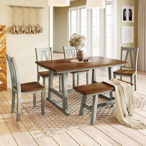 Miniatura 10 de Merax Juego de mesa de comedor de 6 piezas, mesa plegable de madera de 60 pulgadas con 4 sillas tapizadas y banco, juego de mesa de comedor