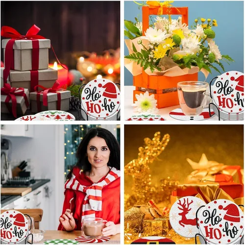 Miniatura 6 de Denylo pro 8 Piezas Kits de Posavasos de Arte de Diamantes de Navidad con Soporte DIY Posavasos de Arte de Diamantes de Navidad para Adultos