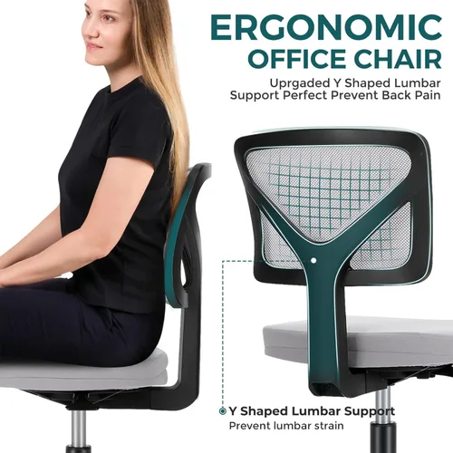 Miniatura 4 de DUMOS Sillas de oficina pequeñas con ruedas, ergonómicas ajustables para escritorio doméstico, silla giratoria rodante de trabajo sin brazos, Gris