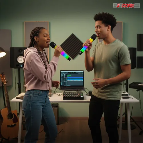 Miniatura 7 de 5 CORE Micrófonos inalámbricos, par de karaoke con luces LED brillantes, recargable, portátil, de largo alcance, micrófonos dinámicos de mano
