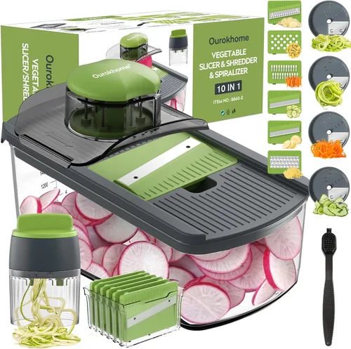 Ourokhome Cortador de mandolina con espiralizador de mano, trituradora de verduras segura para manos con 6 cuchillas de mandolina, cortador de Verde