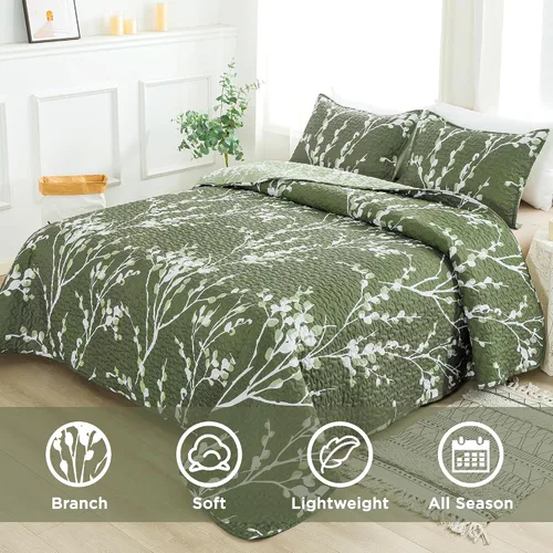 Miniatura 4 de Andency Colcha verde tamaño Queen (96 x 90 pulgadas), colcha ligera floral de 3 piezas, colcha acolchada reversible de microfibra con 2 fundas