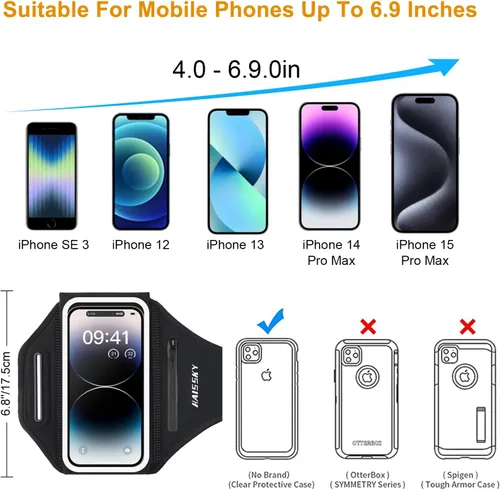 Miniatura 3 de Brazalete de teléfono para correr con soporte para auriculares, diseño 3D para teléfonos celulares para iPhone 17/16/15/13 Pro/Plus y S24/S20, Negro