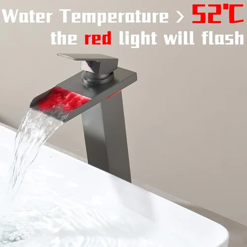 Miniatura 3 de Grifo de baño LED gris plomizo, cascada de baño, grifo alto para fregadero de 1 agujero, mango único, latón con mangueras de suministro de agua