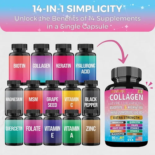 Miniatura 5 de Suplemento de colágeno - Tipos I, II, III, V y X, MCG Biotina, queratina, ácido hialurónico, zinc, extracto de semilla de uva, quercetina, vitamina
